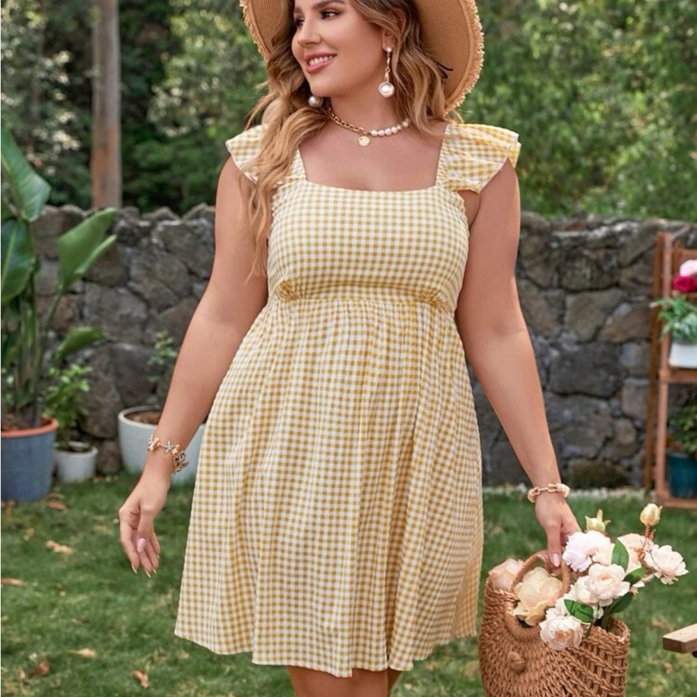 Yellow and White Gingham Dress with Ruffle Straps